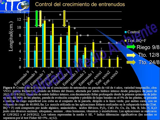 Tratamiento del daño provocado por la sequía y/o el estrés térmico 10 Metodología en parcela de vid de 4 años afectada por sequía. Reactivación metabólica con respuesta de crecimiento vegetativo y evolución de la campaña. Parcela de vid afectada por estrés hídrico intenso. El método aplicado resulta eficaz tanto para la reducción del daño (a nivel vegetativo o productivo) como para la continuación de la campaña sin consecuencias importantes en la cosecha.